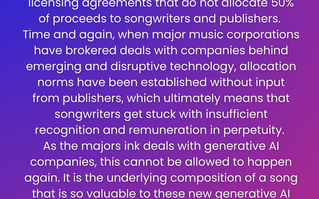 IMPF has shared a statement urging music publishers not to accept AI licensing agreements that don’t allocate 50% of proceeds to songwriters and publishers.